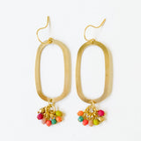 Long Oval Brass Earrings With Tiny Colorful Beaded Clusters