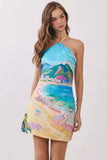 CD07191-Coastal Scenic Print Halter Mini Dress