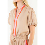 Puff Sleeve Stripe Detail V-Neck Top