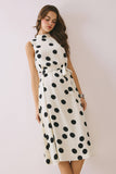 CD06774-Polka Dot Mock Neck Self Tie Waist Midi Dress