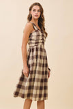 CD06194-Brown Checkered V Neck Ruched Bodice Midi Dress