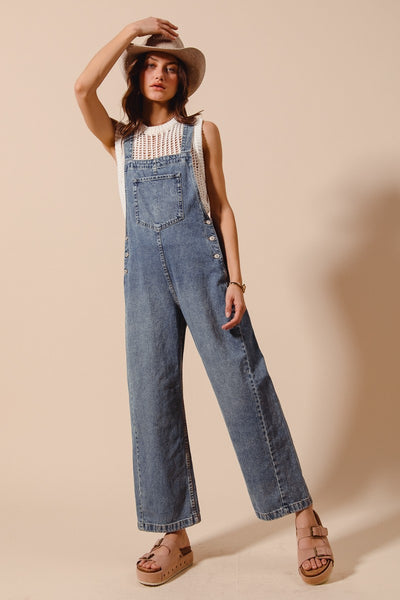 Washed Denim Wide Leg Overalls Jumpsuit Overalls