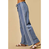 LACE TRIM ELASTIC WAIST MID RISE WIDE DENIM PANTS