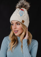 Beige Cable Knit Pom Hat w/ Embroidered Ornament