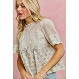 FLORAL PRINT LACE TRIM COTTON BLOUSE TOP