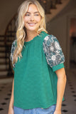 36723 Floral Embroidered Lace Puff Sleeve Solid Textured Top