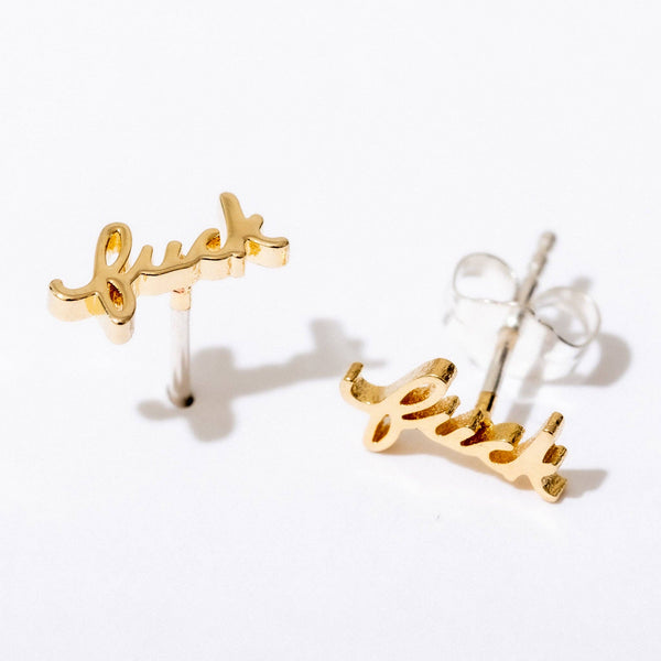 Fuck Script Stud Earring - Silver or Gold Plate, Single/Pair