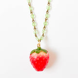 Kids Strawberry Charm Necklace with Green Beads
