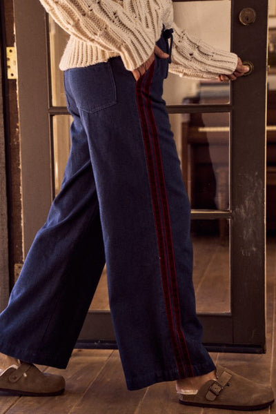 Velvet Side Tape Elastic Waist Wide Leg Denim Pant