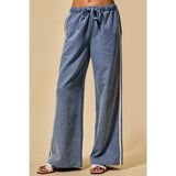 LACE TRIM ELASTIC WAIST MID RISE WIDE DENIM PANTS