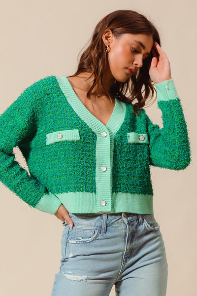Frayed Tweed Knit Buttoned Front Cardigan