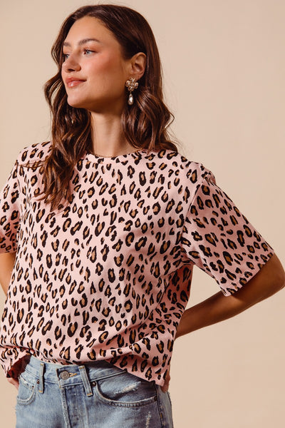 Loose Fit Leopard Print Round Neck Knit Top