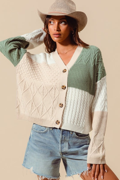 Multi Pattern Knitted Color Block Sweter Cardigan