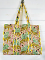 Cotton Quilted Block Print Tote Bag - Beige Jaguars Leopards