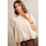 POLKA DOT COTTON LACE TRIM SHORT SLEEVES BLOUSE TOP
