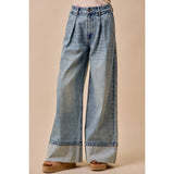 MID RISE PLATED WID LEG DENIM JEAN PANTS