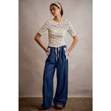 POCKET LACE TRIM WIDE LEG PULL ON DENIM PANT