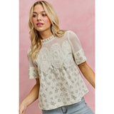 FLORAL PRINT LACE TRIM COTTON BLOUSE TOP