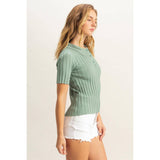 Rib Knitted Short Sleeve Polo Top
