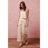 FLORAL EYELET EMBROIDERED WIDE LEG PANTS