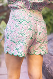 36411 Scallop Embroidered Hem Floral Jacquard Shorts