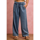 MID RISE RUFFLED FRONT ELASTIC WIDE LEG DENIM PANT