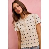 POLK-A-DOT KNIT LACE TRIM ON NECKLINE SHORT TOP
