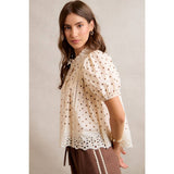 POLKA DOT COTTON LACE TRIM SHORT SLEEVES BLOUSE TOP