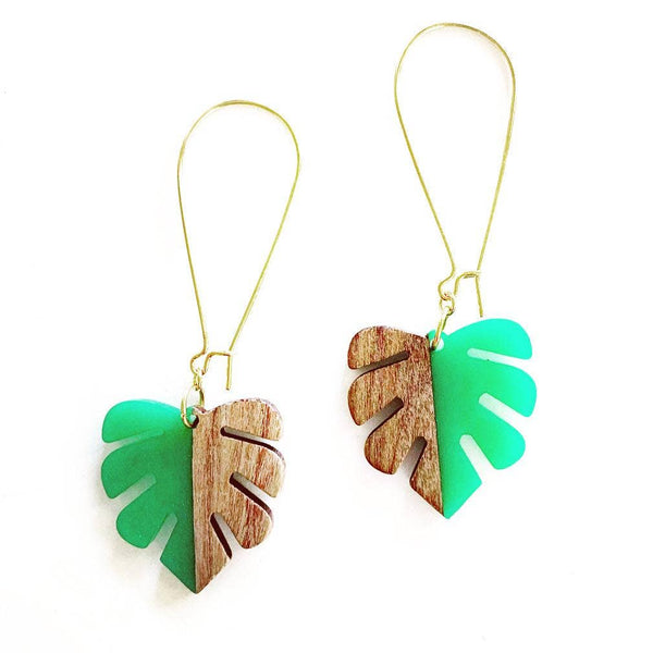 Resin and Wood Monstera Leaf Earrings