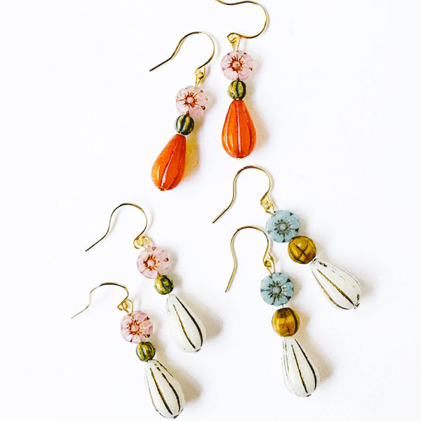 Flower and long Oval bead Earrings, Fall Winter Jewelry