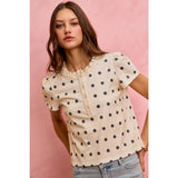 POLK-A-DOT KNIT LACE TRIM ON NECKLINE SHORT TOP