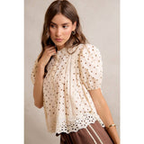 POLKA DOT COTTON LACE TRIM SHORT SLEEVES BLOUSE TOP