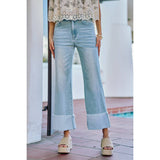 MID RISE DENIM FRAYED ROLL UP HEM WIDE LEG JEANS