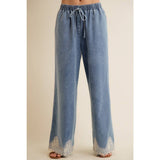LACE TRIM WIDE LEG ELASTIC MID RISE DENIM PANTS