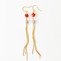 Long glass Bead and Gold Tassel Earrings