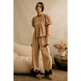 LINEN BLEND LACE TRIM BANDING WAIST PANTS