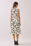 CD06774-Polka Dot Mock Neck Self Tie Waist Midi Dress