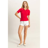 Rib Knitted Short Sleeve Polo Top