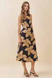 CD06079-Bold Floral Print High Crew Neck Midi Dress