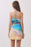 CD07191-Coastal Scenic Print Halter Mini Dress