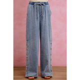 SIDE BUTTONS PULL ON WIDE LEG DENIM JEANS PANTS