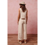 FLORAL EYELET EMBROIDERED WIDE LEG PANTS