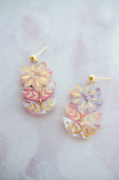 Pink Handpainted Acrylic Flower Dangle Statement Earrings