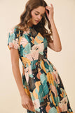 CD06189-Abstract Print High Neck Ruffle Trim Midi Dress