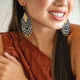 Dottie Diamond Angle Beaded Fringe Earrings Black Wholesale