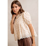 POLKA DOT COTTON LACE TRIM SHORT SLEEVES BLOUSE TOP