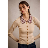 SCALLOP EDGE COLLARED BUTTON DOWN KNIT TOP