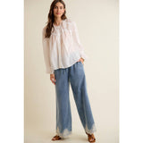 LACE TRIM WIDE LEG ELASTIC MID RISE DENIM PANTS