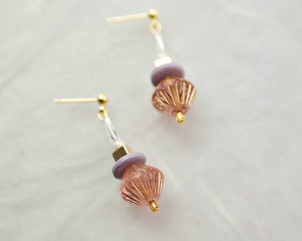 Pink and gold beaded dangle earrings