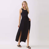 Solid Sleeveless Midi Dress with Front Slit - VD40755